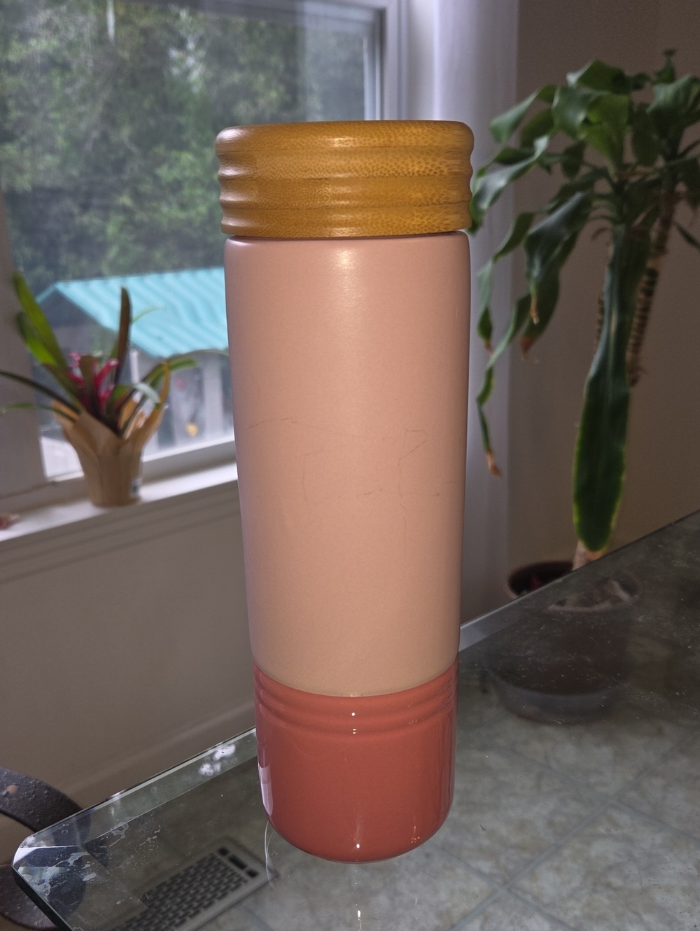 Pink and Coral Insulated Travel Tumbler with Bamboo Lid